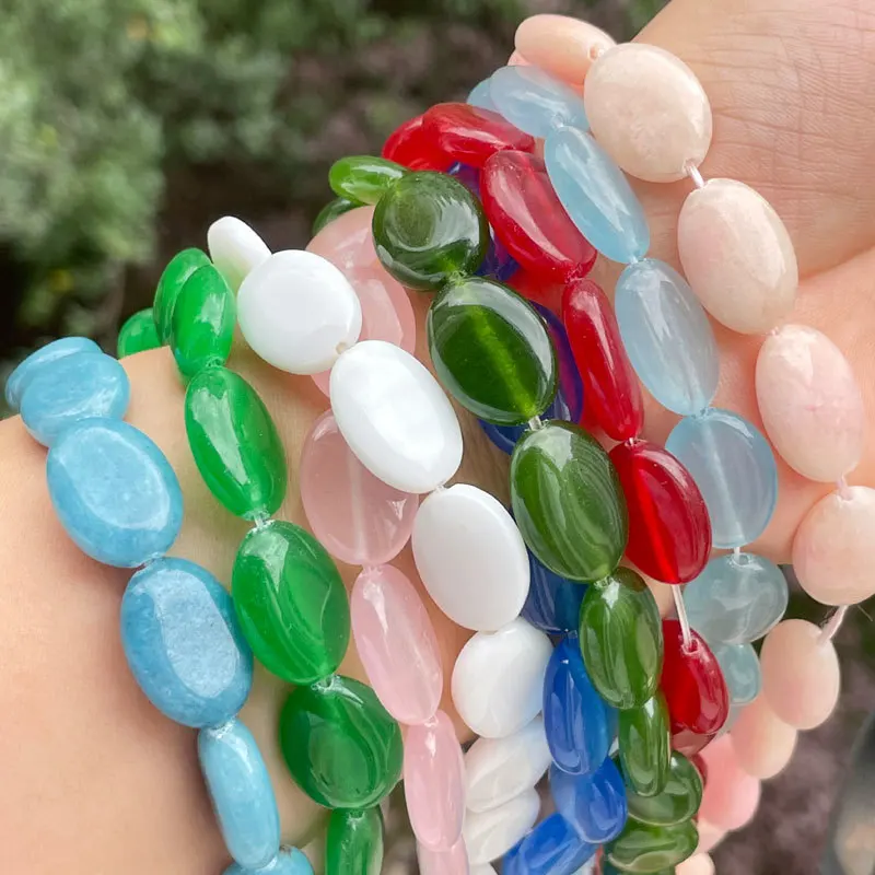 

13x18mm Oval Green Blue Orange Jades Stone Spacer Loose Beads for Women Men Charms Necklace Bracelet Earring Jewelry Making15"