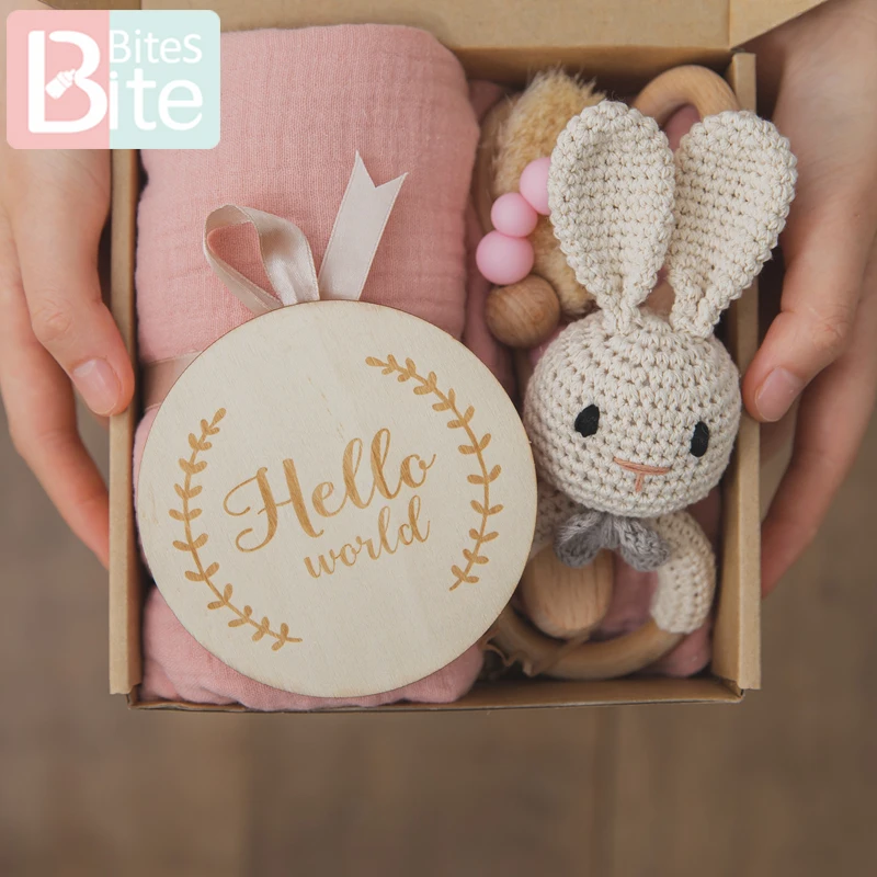 Double Sided Cotton Blanket Wooden Rattle Brushs Bracelet Crochet Baby Bath Gifts Products
