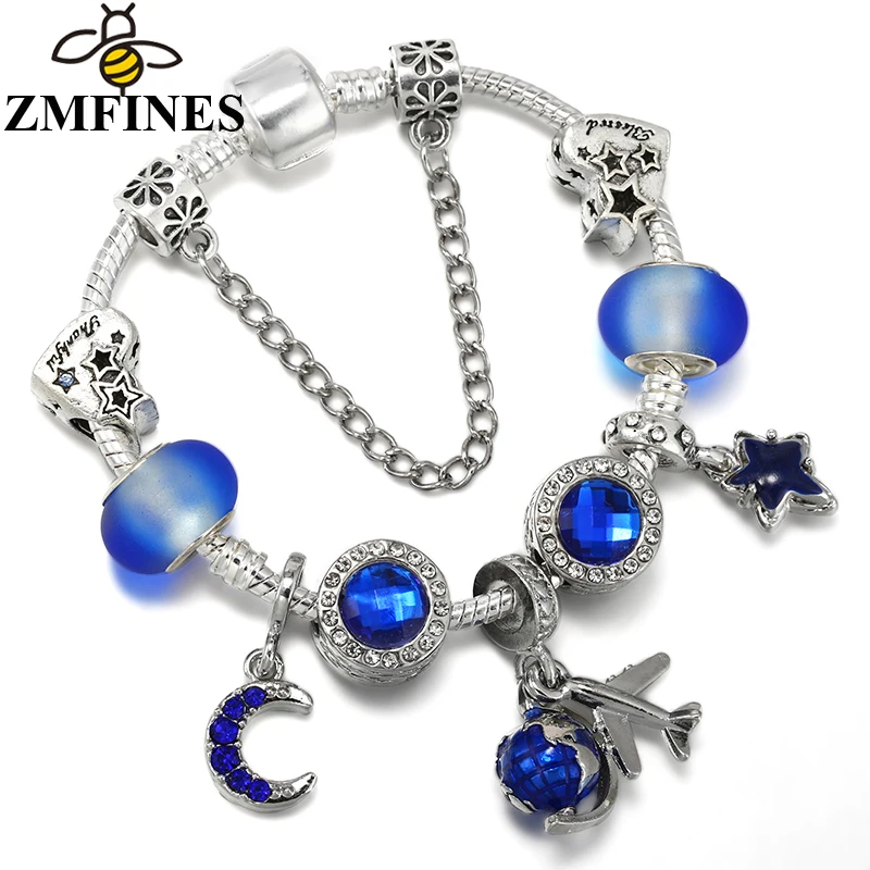 

Classic Blue Snake Chain Charm Bracelet For Women Star Moon DIY Charms Beads Pendants High-Quality Jewelry Dropshipping