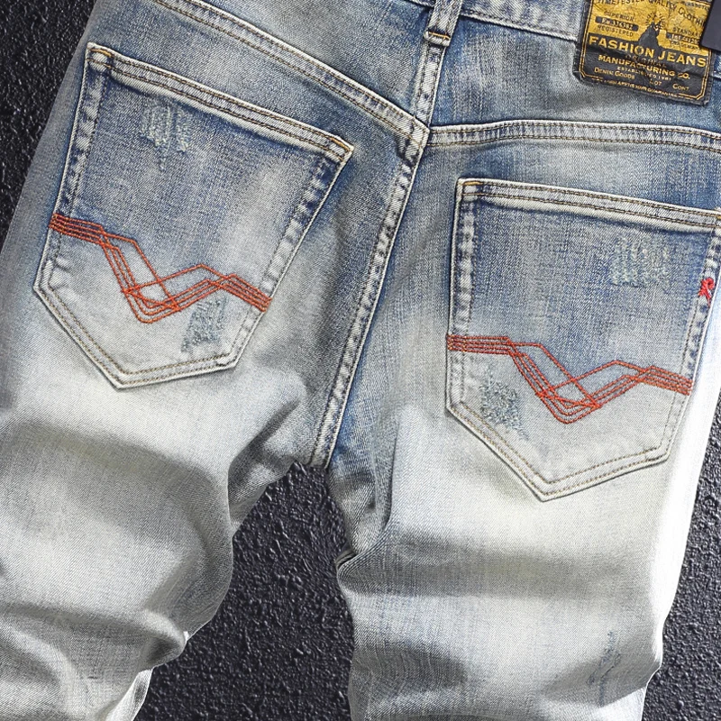 Newly Fashion Designer Men Jeans Retro Yellow Blue Elastic Stretch Slim Fit Ripped Jeans Men Patched Vintage Denim Pants Hombre