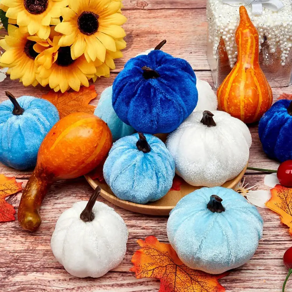 

12Pcs Artificial Velvet Halloween Pumpkin Ornament Soft Filled Foam Pumpkin Fall Thanksgiving Halloween Decoration Photo Prop