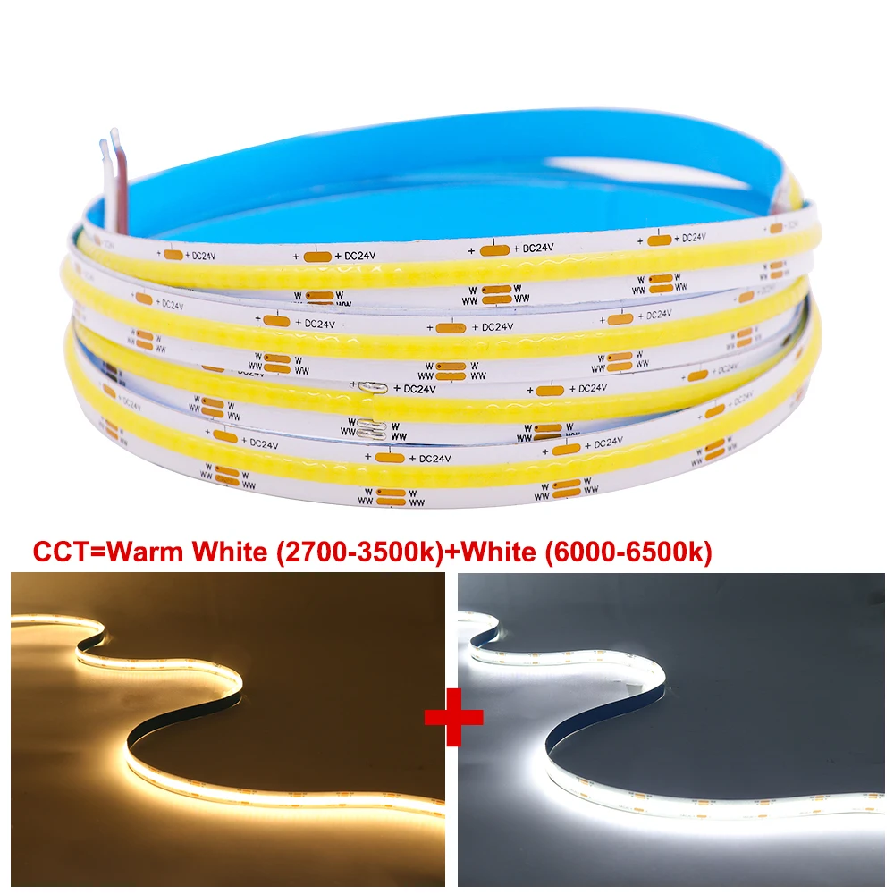 

5M CCT COB LED Strip Lights 608 LEDs/m High Density Dual Colour Warm / Cool White Dimmable Linear Light Flexible Tape DC12V 24V