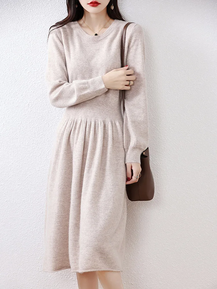 Платье с круглым вырезом 00 из чистой шерсти женское платье-свитер средней длины