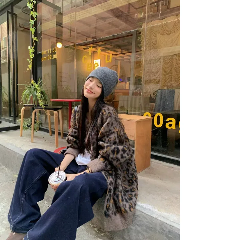 JY Новый женский кардиган модный свитер с леопардовым принтом вязаный