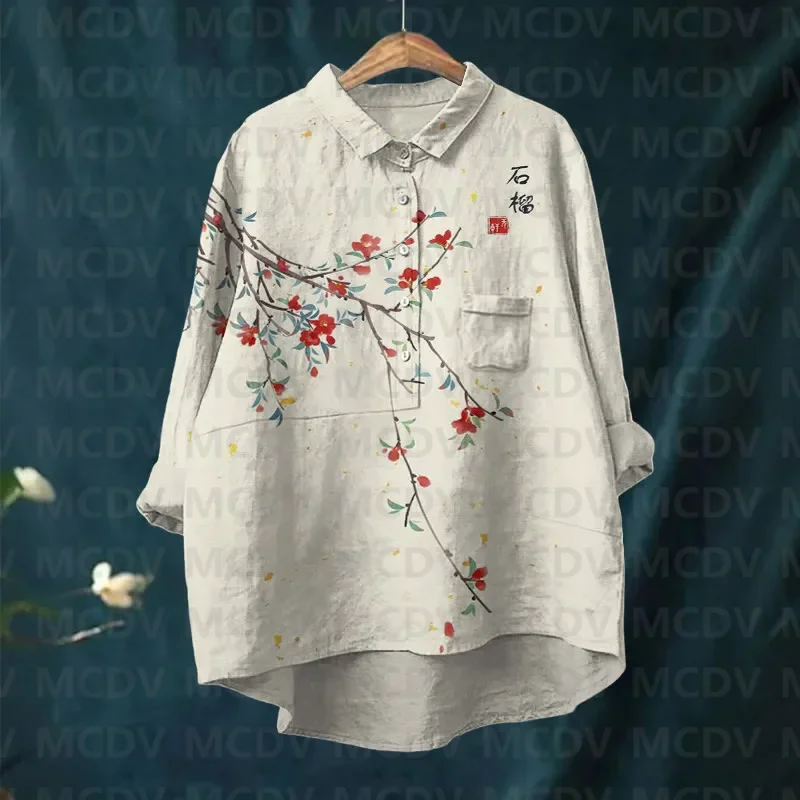 Женская повседневная блузка с лацканами вишневого цвета в японском стиле Lino Art