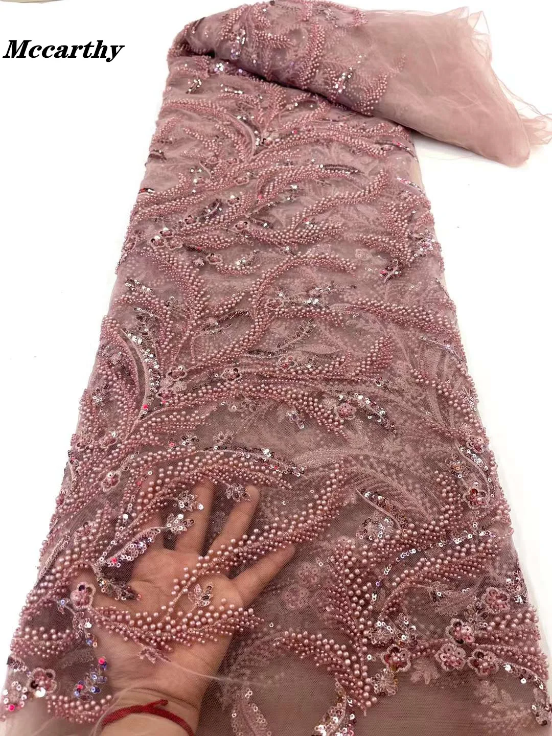 

Mccarthy African Lace Fabric 2022 High Quality Handmade Beaded Lace Material Nigerian French Net Lace Fabric For Wedding