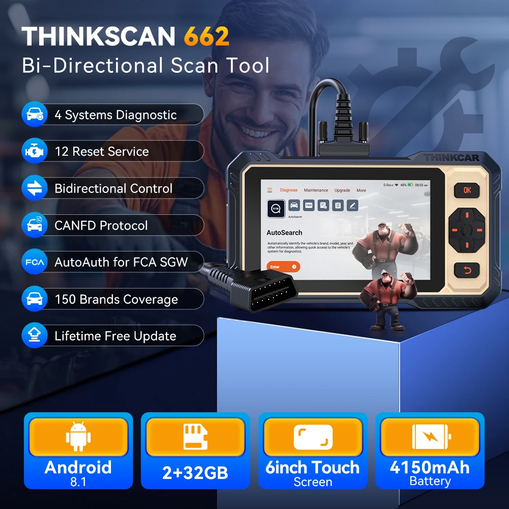 Фото Диагностический инструмент Thinkcar Thinkscan 662, сканер OBD2 для 4 систем, 12 функций сброса, пожизненное бесплатное обновление, двунаправленное управление, инструмент для сканирования автомобилей. №2