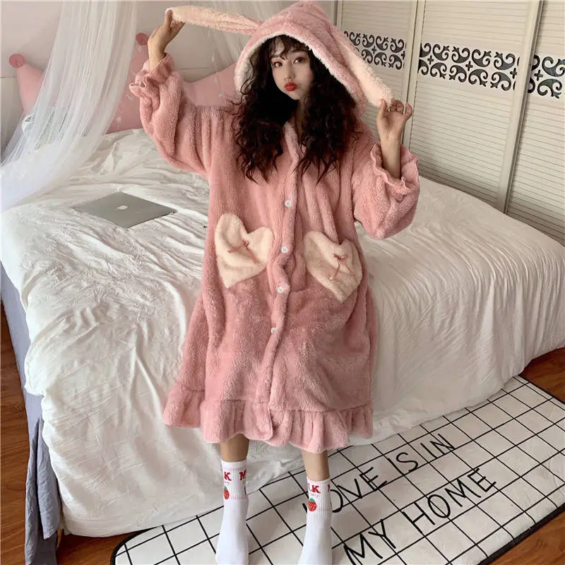 Winter Thick Warm Velvet Pajamas Set Soft Plush Nightgown Women Cartoon Hooded Flannel Robe Set Long Homewear Loose Home Clothes