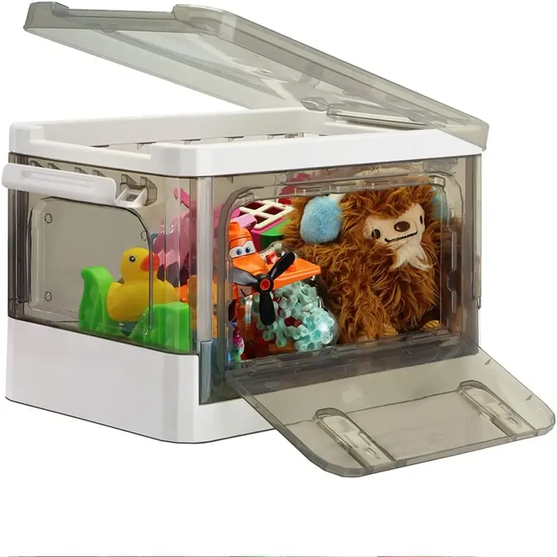 

Foldable 2 Pack Cube Organizer Containers with Wheels, Stackable Lidded Plastic Storage Bins, Latch Lid Front Opening Shelf Boxe