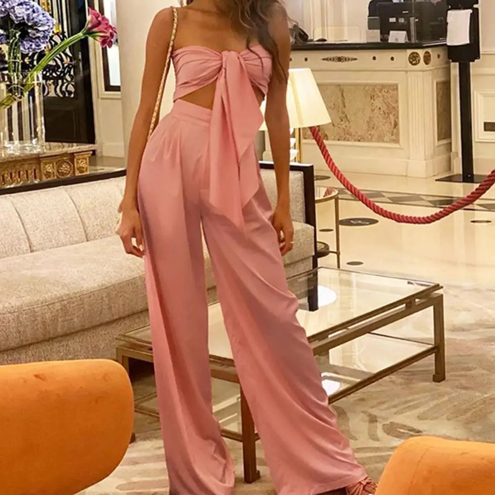 

2 Pcs/Set Simple Backless Deep Crotch Summer Crop Top Pants Suit Summer Vest Trousers Set Lace Up Soft Fabric