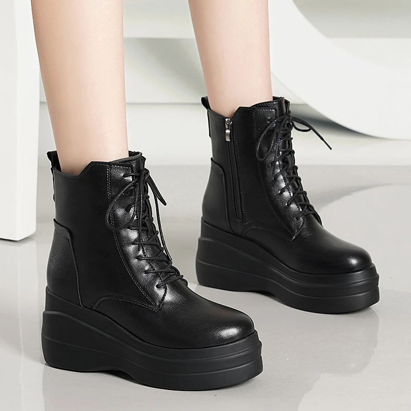 Punk Trainers Women Lace Up Straps Genuine Leather High Heel Platform Pumps Shoes Female Round Toe Fashion Sneakers Casual Shoes