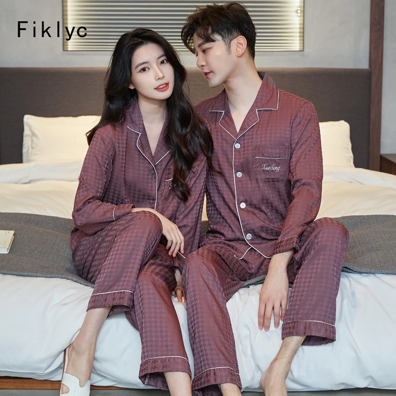 

Fiklyc Beautiful Women Men Casual Couple Pajamas Sets Ice Silk Houndstooth Female Male Nightwear Comfortable Sleepwear Lover