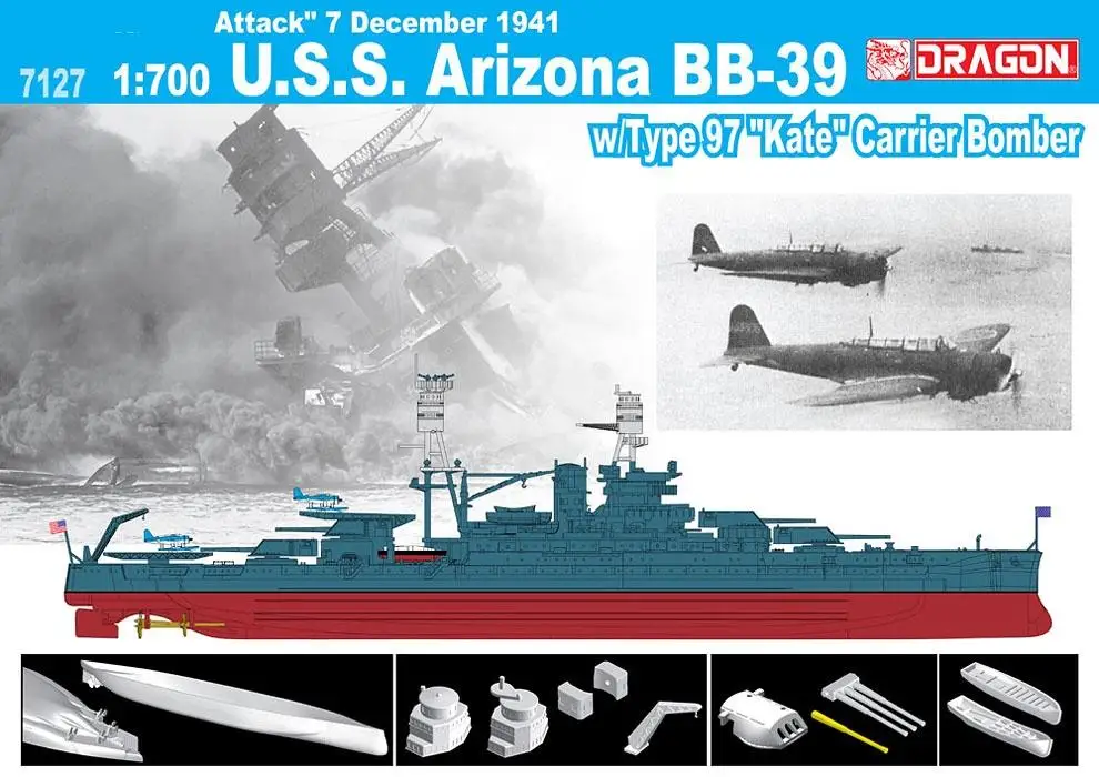 DRAGON 7127 1/700 Scale U.S.S. Arizona BB-39 + IJN Type 97 &quotKate" Carrier Bomber &quotPearl Harbor Attack" 7 December 1941
