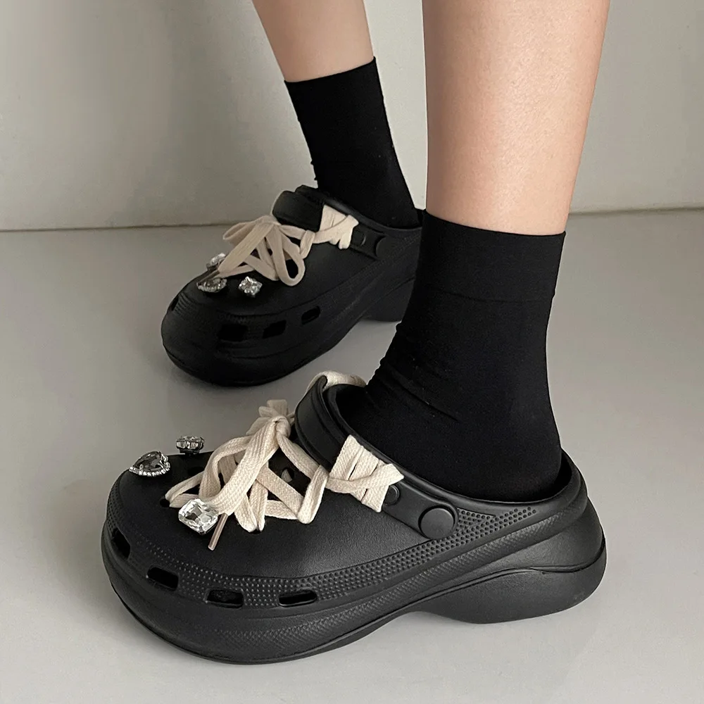 Women Summer Slippers DIY Lace-up Clogs For Female Thick Sole Ladies Fashion Slides Girls Beach Shoes Street Wedges Sandals