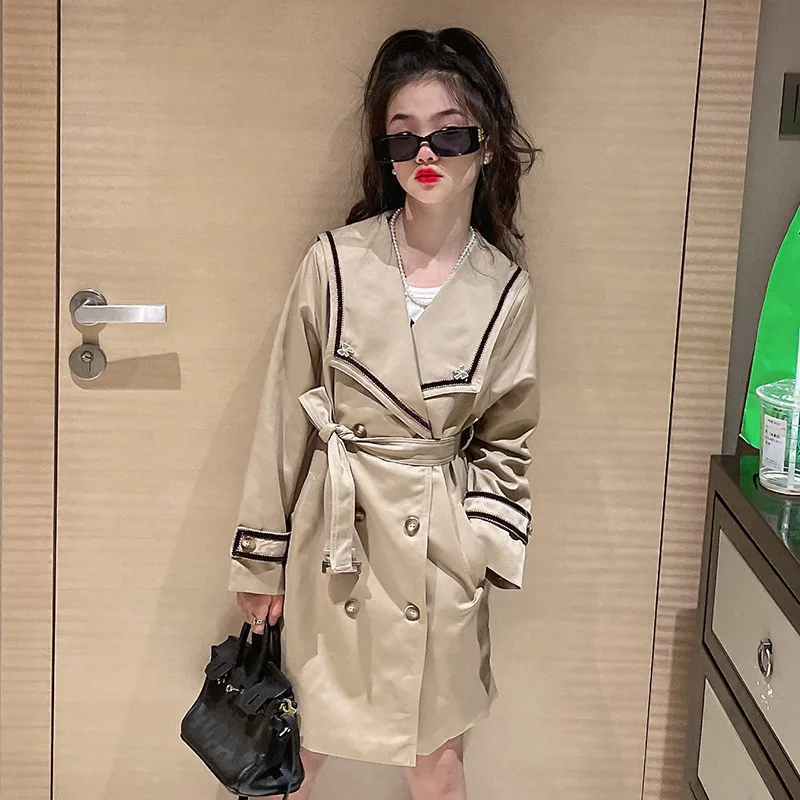 

Тренч для девочек, осенняя модная двубортная детская верхняя одежда средней длины Детское пальто цвета хаки в английском стиле с матросским воротником