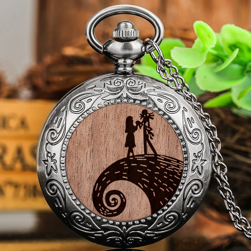 

Romantic Little Girl Silver Quartz Pocket Watch for Ladies Halloween Moon Theme Pattern Classic Arabic Numerals Dial Chain Clock