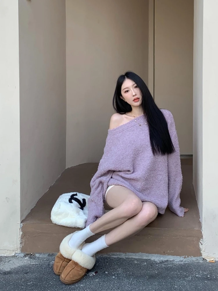 Французский сексуальный косой воротник с открытыми плечами и длинными рукавами