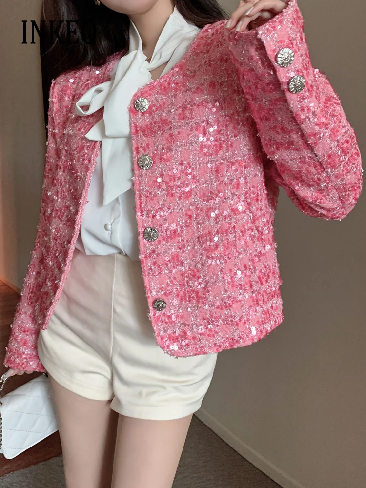 Женский пиджак с блестками розовый блейзер круглым вырезом и длинным рукавом в