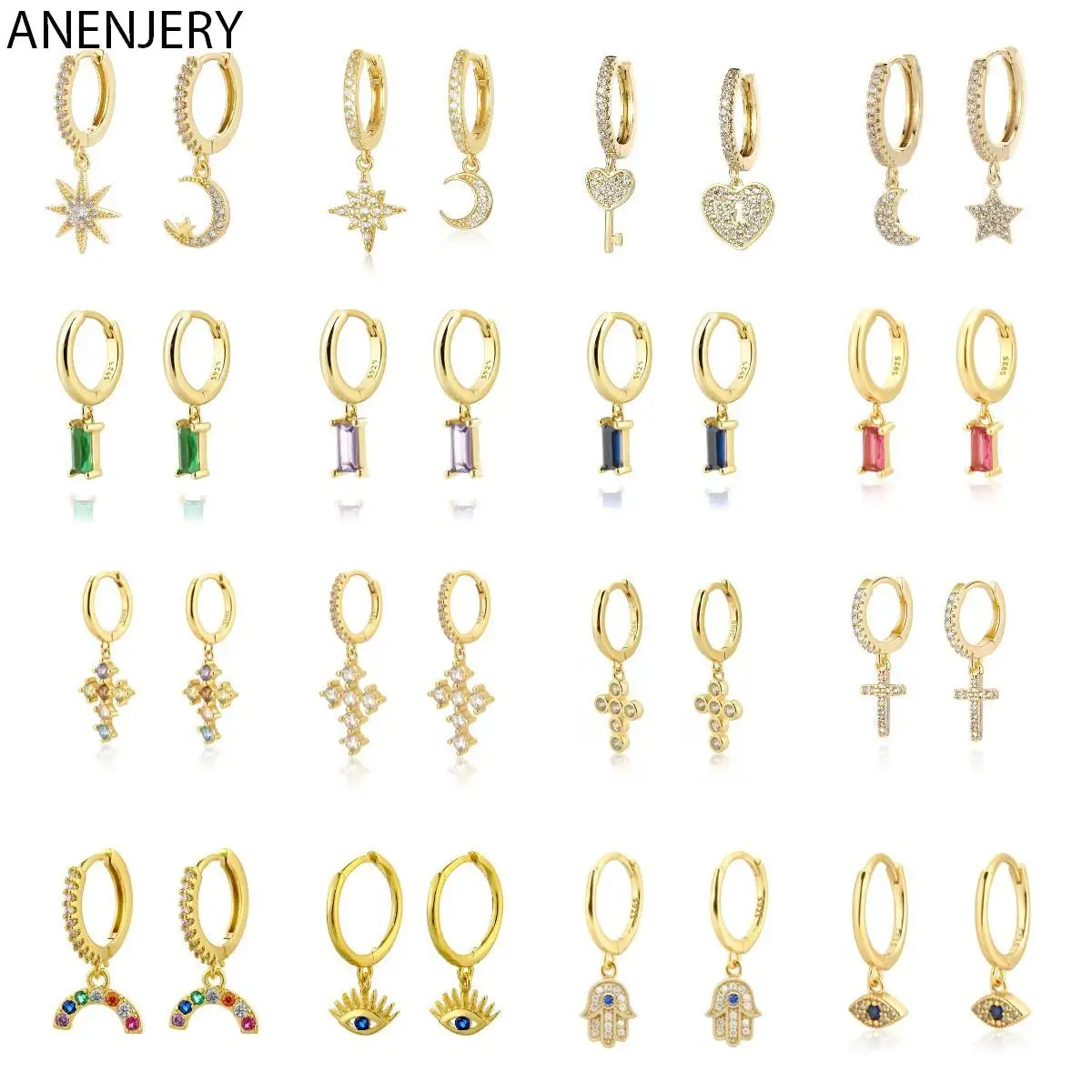 

Серьги-кольца женские с фианитами, украшения в французском стиле, звезда, месяц, крест, геометрия