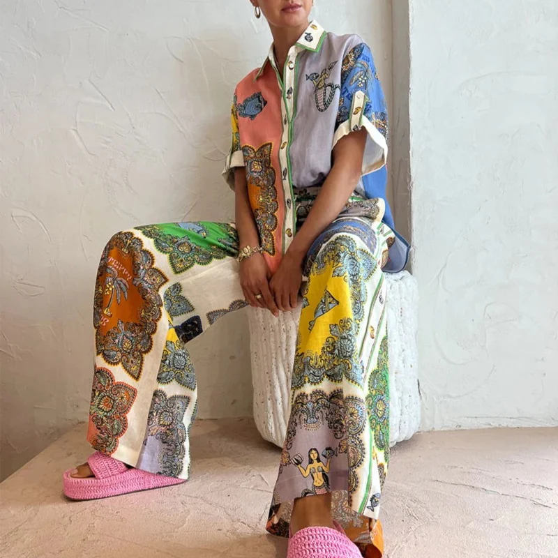 

2023 Casual Fashion Cotton Linen Shirt Short Sleeve Suit Women Harajuku Vintage Printed Outfits Summer Pocket Wide Leg Pants Set