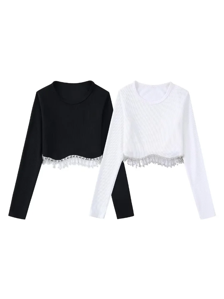 

Women Fashion With Solid Bottom Jewelry Cropped Tees 2022 Summer New Full Sleeves O-Neck Casual Female Tops Mujur
