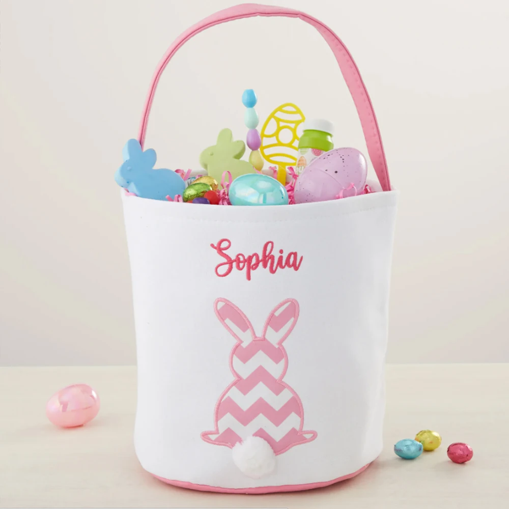 New Boys Girls Easter Gift Baskets Personalized Embroidered Name Bunny Soft Easter Baskets Customized Easter Party Supplies