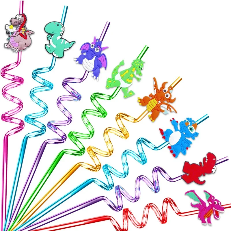 

8pcs Cute Cartoon Dinosaur Shaped Straw Reusable Food Grade Plastic Spiral Straw for Children's Birthday Party Decoration Gifts