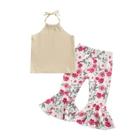 2pcs little girls sweet style outfit solid color hanging neck sleeveless tops floral printing long bell bottomed pants
