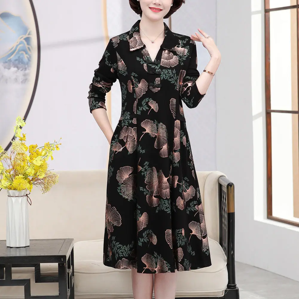 

Elegant Women Spring Fashion Lapel Neck Long Sleeve Printing Casual Dress Femme 2022 New V-Neck Slim Mother Dress K103