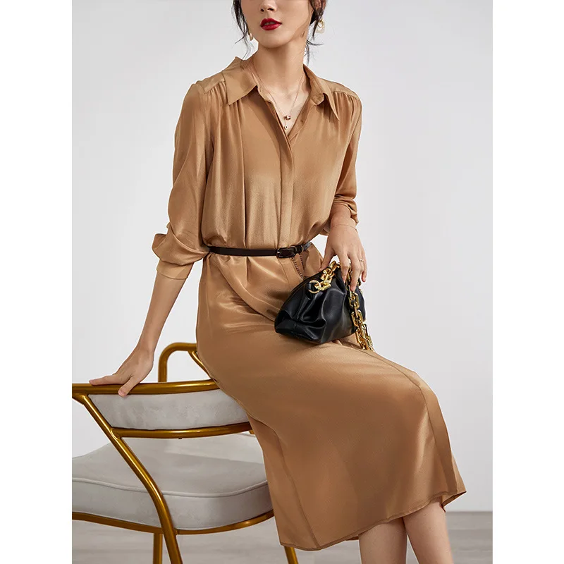 

Two-layer Heavy Silk Dress Women Loose-fitting New Long-sleeved French Style Temperament Silk Shirt Dress Women