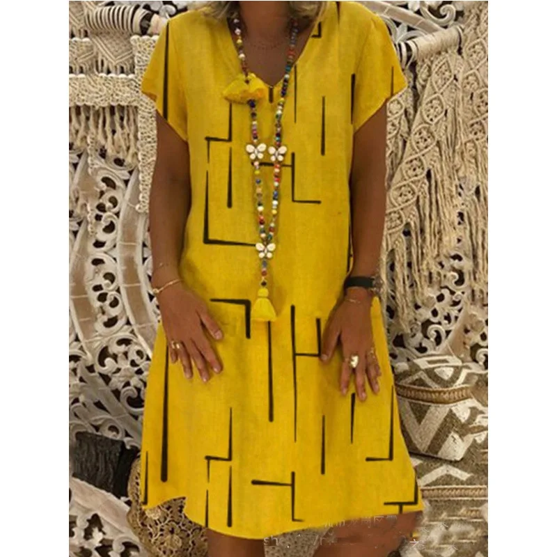 

Large size 2022 spring print V-neck dress women