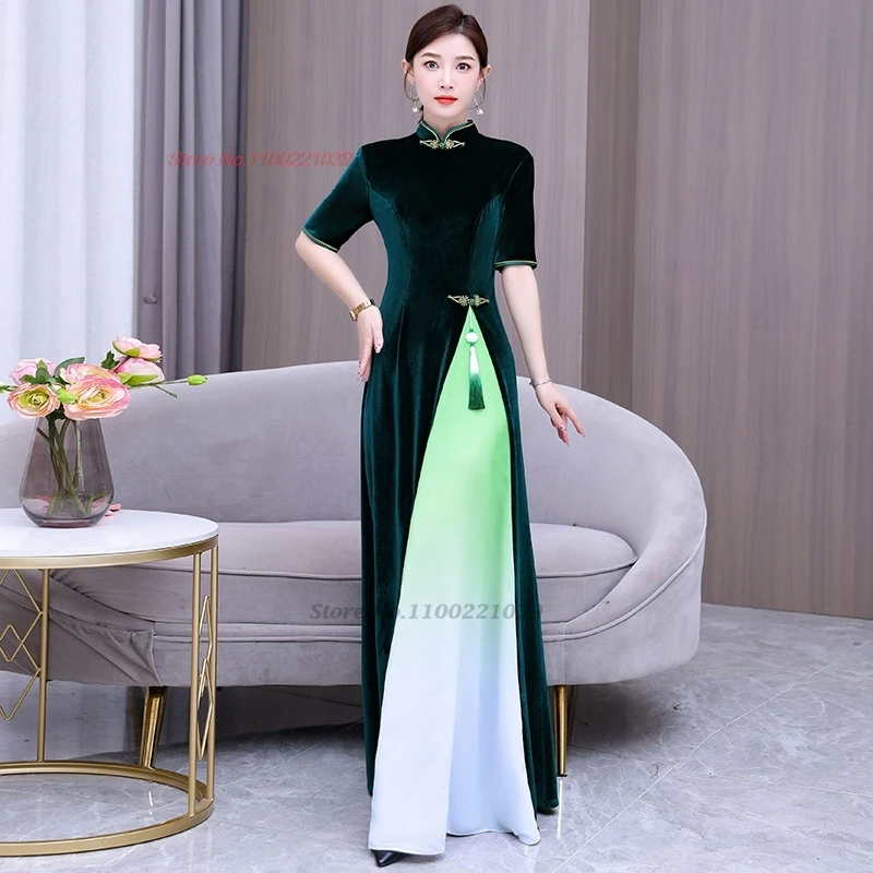 2024 вьетнамское традиционное платье Aodai бархатное Cheongsam градиентный цвет Ципао