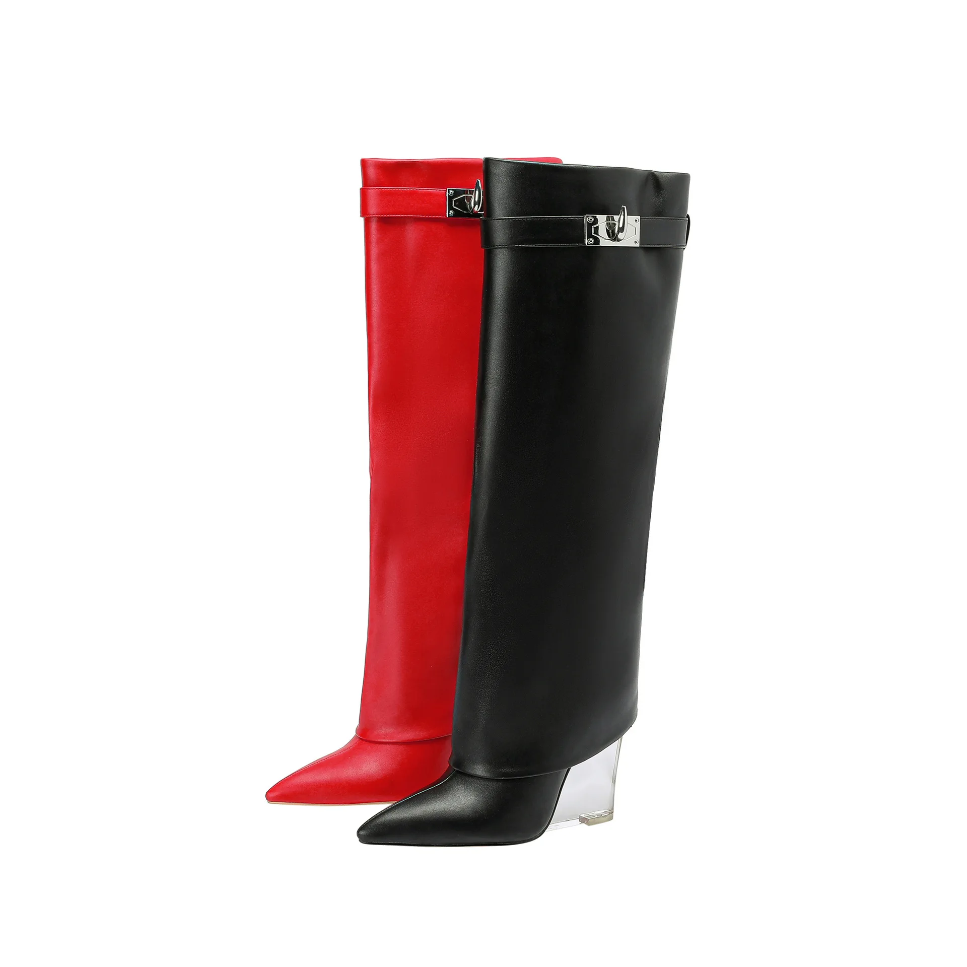 

Winter Pointed Toe Shoes For Women Trousers Zapatos Mujer Botas Femininas Buckle Knee Boots Crystal Wedge High Heel Botines