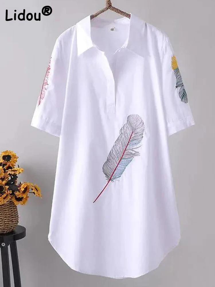 

Summer Feather Embroidery Button Oversized Loose Blouses Vintage Casual Top Women Short Sleeve Pullovers Office Polo-Neck Shirt