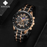 wwoor new luxury black men watches stainless steel sports chronograph waterproof luminous quartz mens wrist watches montre homme