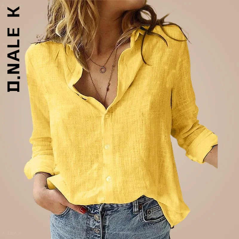 D.Nale K-Blusas blancas y amarillas para Mujer, Rebeca holgada de manga larga con solapa y botones para otoño