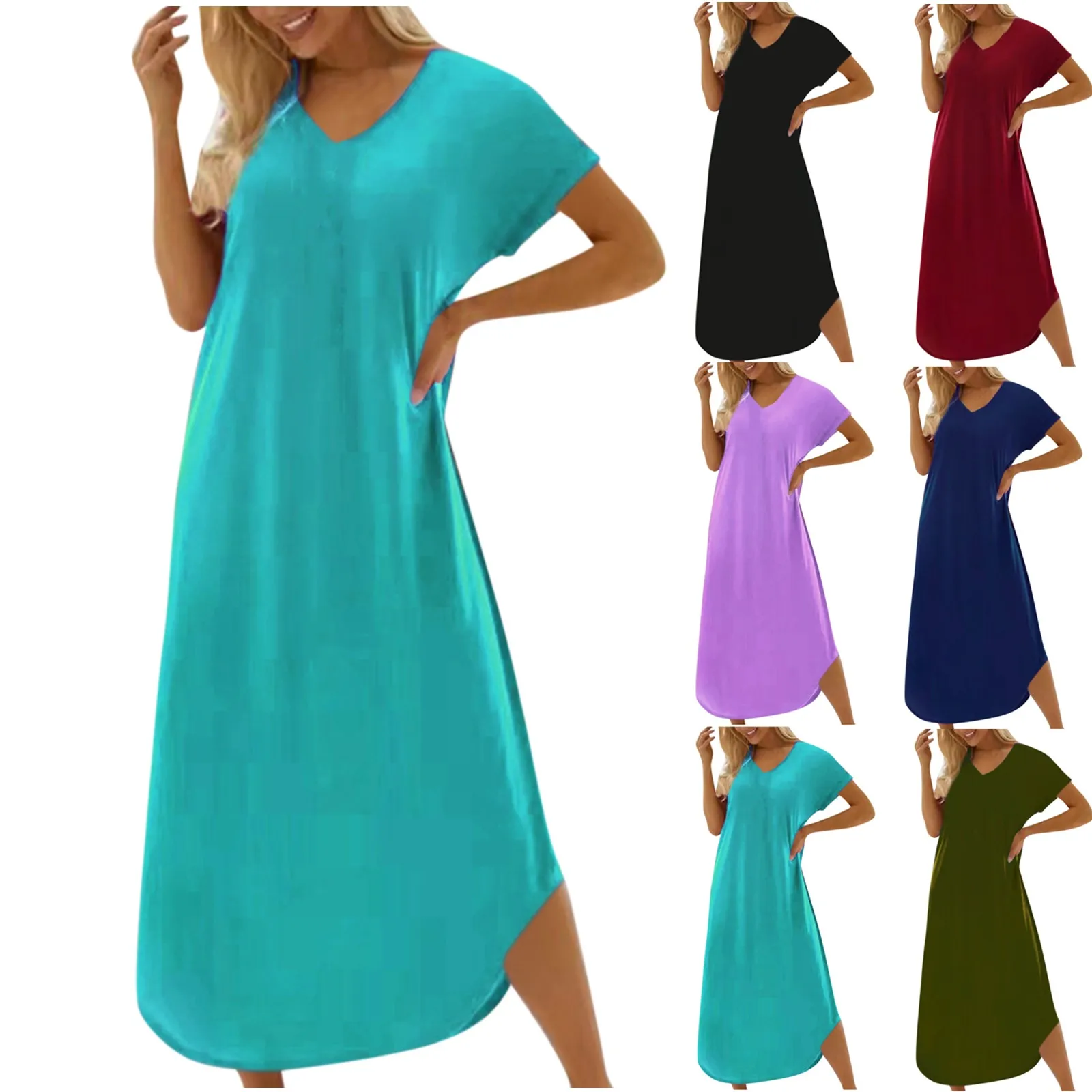 

Vintage Long Dresses For Women 2023 Fashion V Neck Loose Solid Color Short Sleeve Casual Pullover Dress Women's Summer Dress