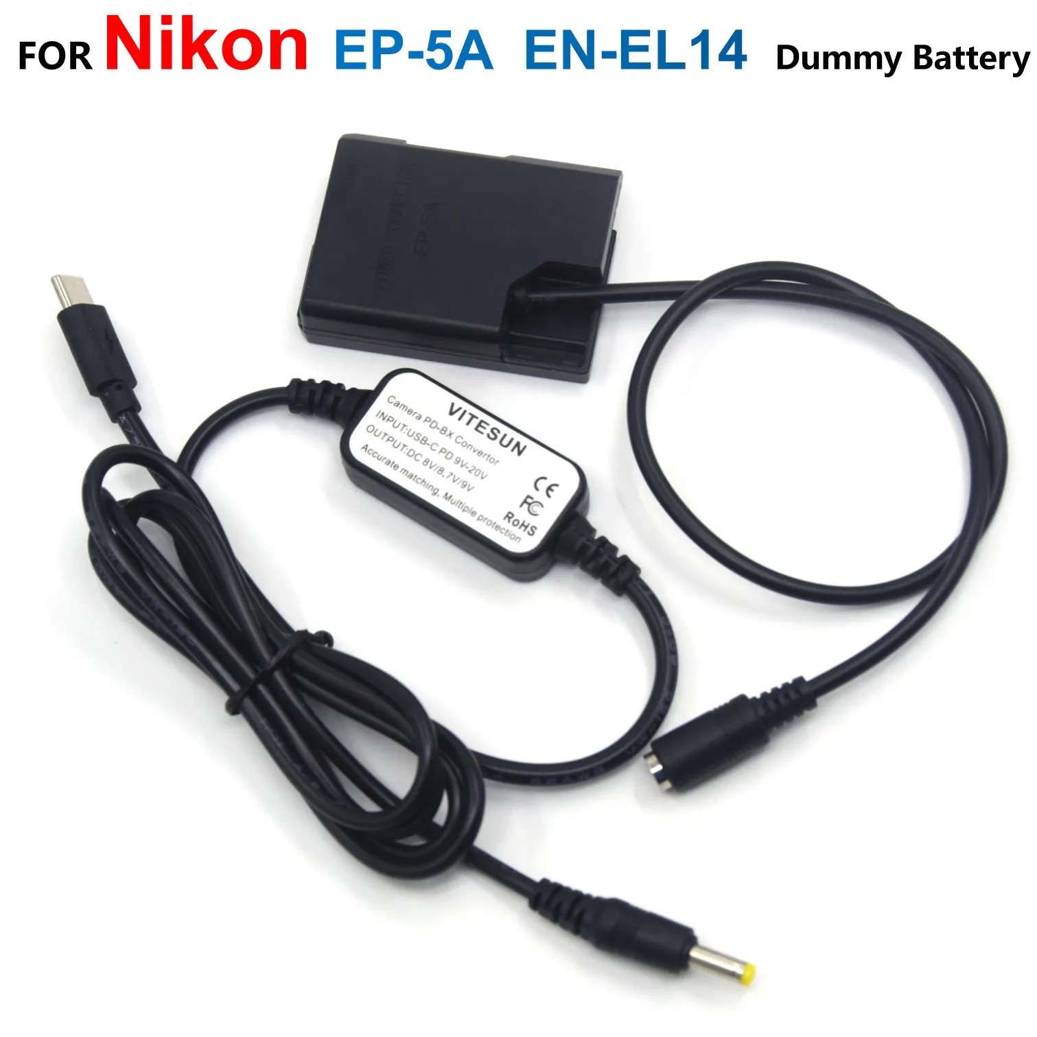 

EP-5A DC Coupler EN-EL14 ENEL14 Dummy Battery + MH-24 USB-C PD Adapter Cable EH5A For Nikon P7800 D5500 D5600 D3300 D3400 D5100