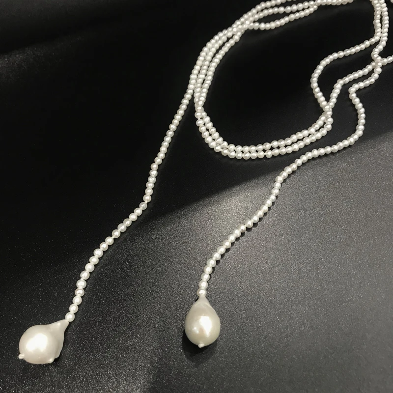 Natural Fresh Water Pearl Baroque Pendant Style With 3-4MM Nearly Round Long Necklace Sweater Style Free Shipping