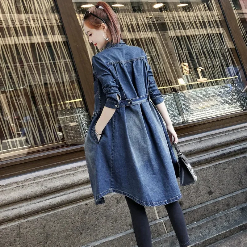 Тренчкот женский джинсовый средней длины модная Повседневная джинсовая куртка в