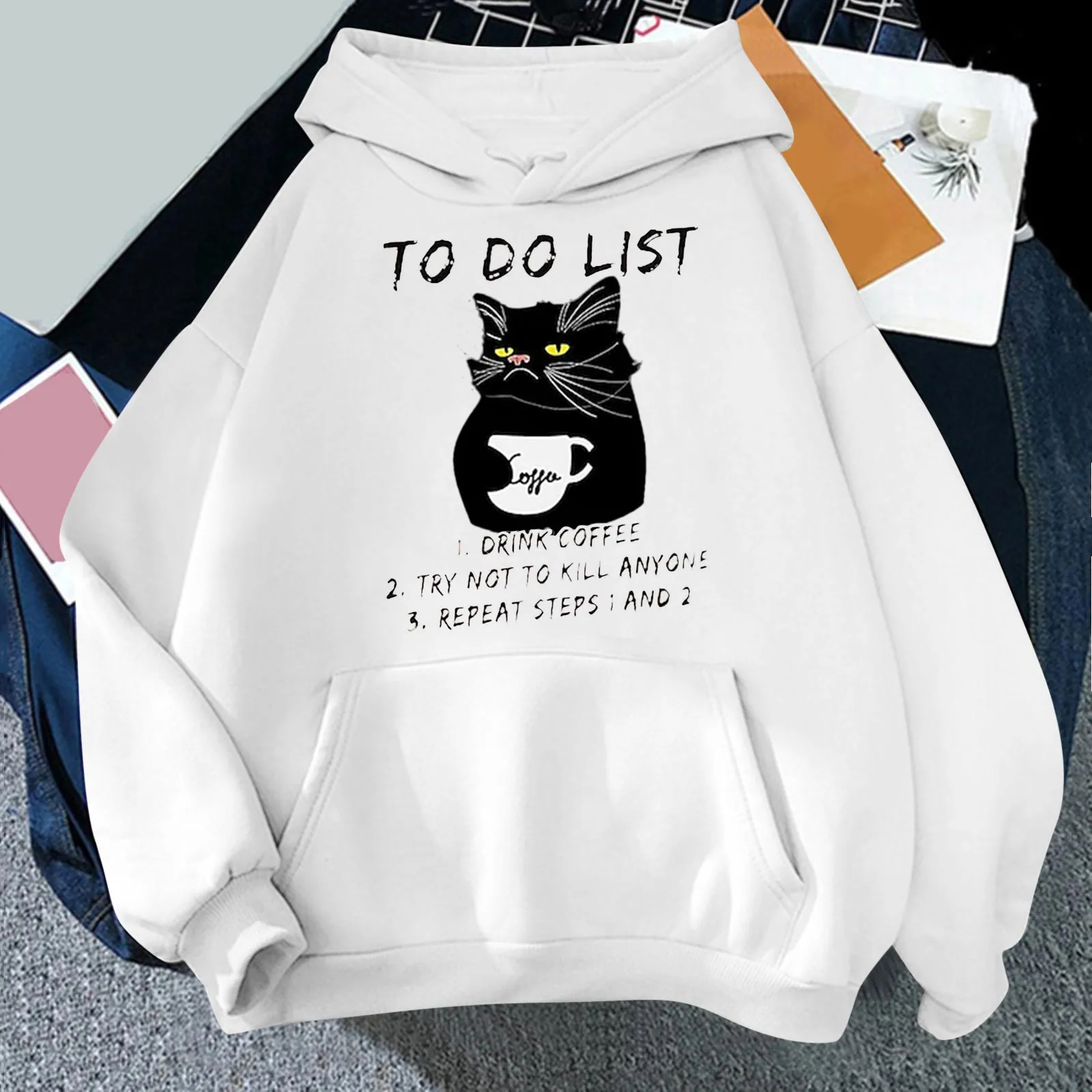

Do List Letter Funny Cat Graphic Hoodie Womens Long Sleeve Letter Print Tops Pullover Sweatshirts Long Sleeve Lady Pullover Tops