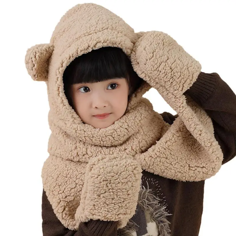 

Women Girls Cute Panda Animal Winter Hats 3 In 1 Warm Plush Hoodie Cap Paw Gloves Mitten Scarf Set