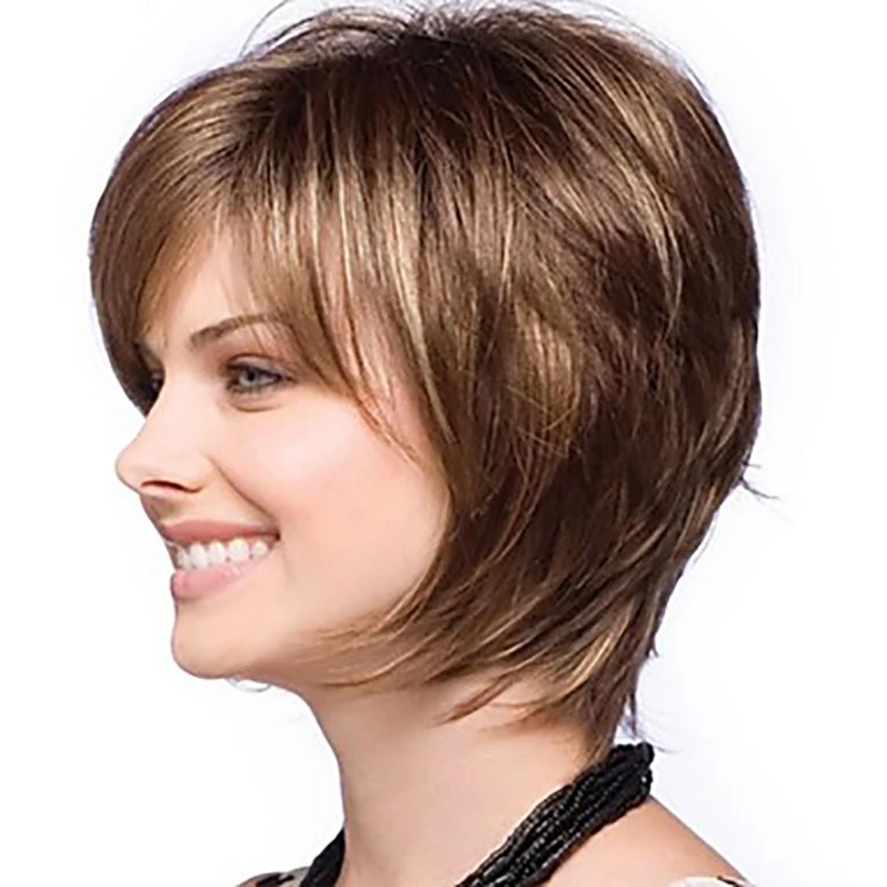 Фото HAIRJOY, женский парик с прямыми челками, стрижка Пикси, искусственные волосы, каштановые, смешанные, Короткие парики, машинное изготовление №3
