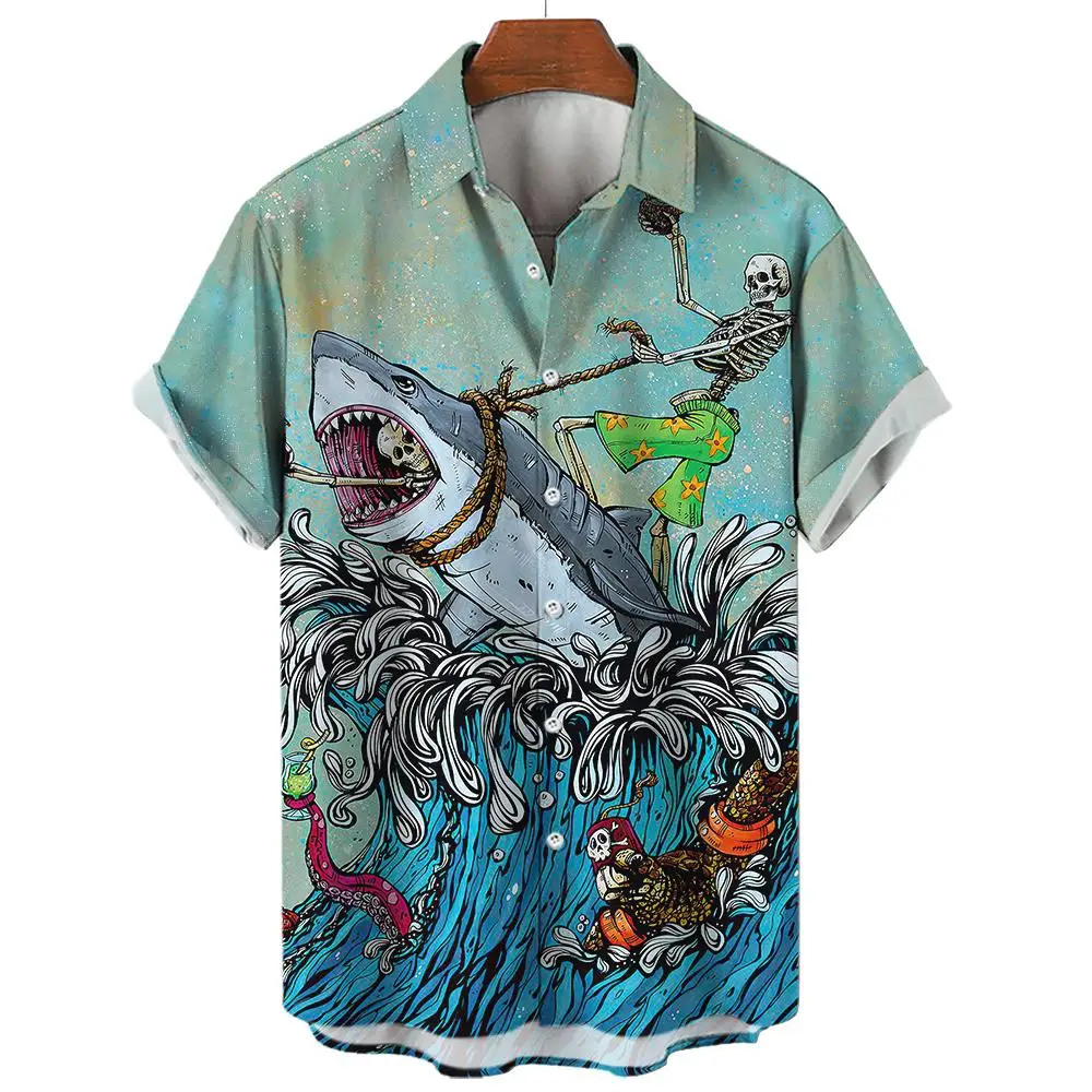 

Гавайская пляжная рубашка с 3D-принтом акулы, топ с коротким рукавом, винтажная одежда с лацканами, одежда для мужчин