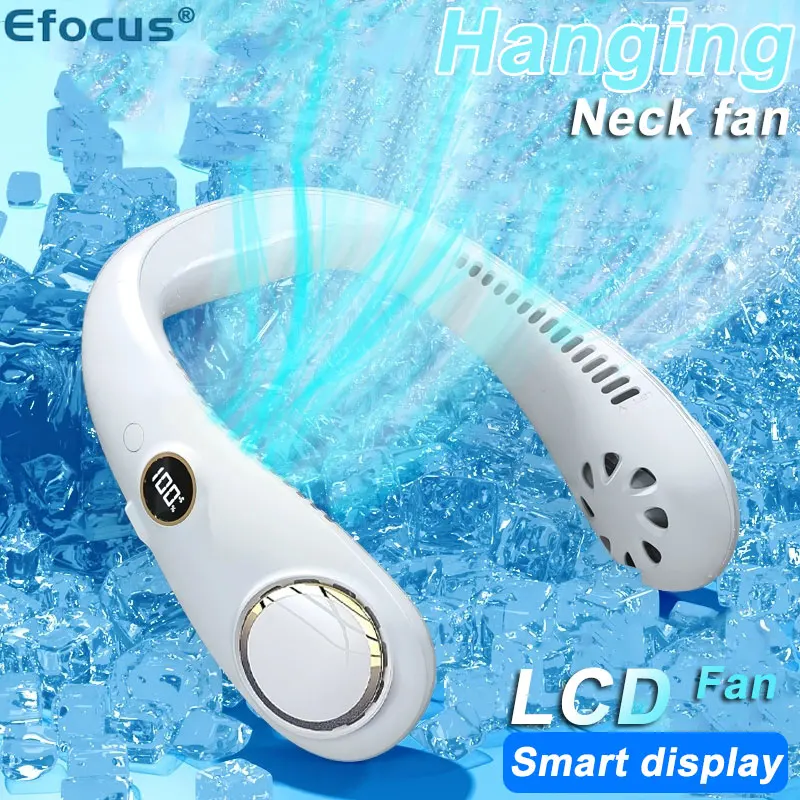 Efocus NEW USB Fan Summer Cooler Portable Fan Leafless Hanging Neck Fan Digital Display Sports Wearable Rechargeable Mini Fan