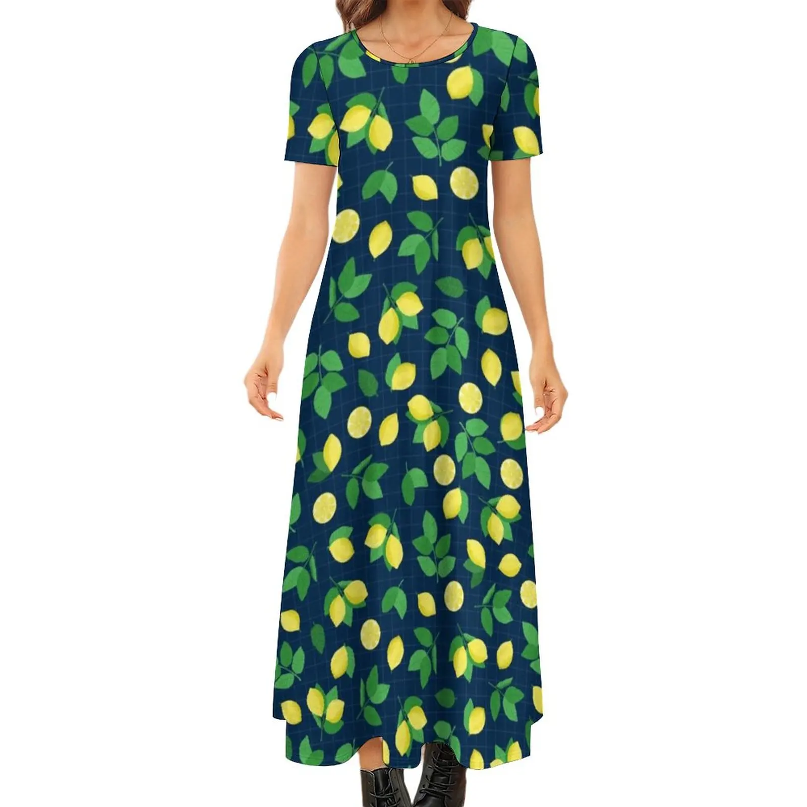 

Lemon Life Dress Leaves Print Elegant Maxi Dress Short Sleeve Street Fashion Boho Beach Long Dresses Woman Oversized Clothes