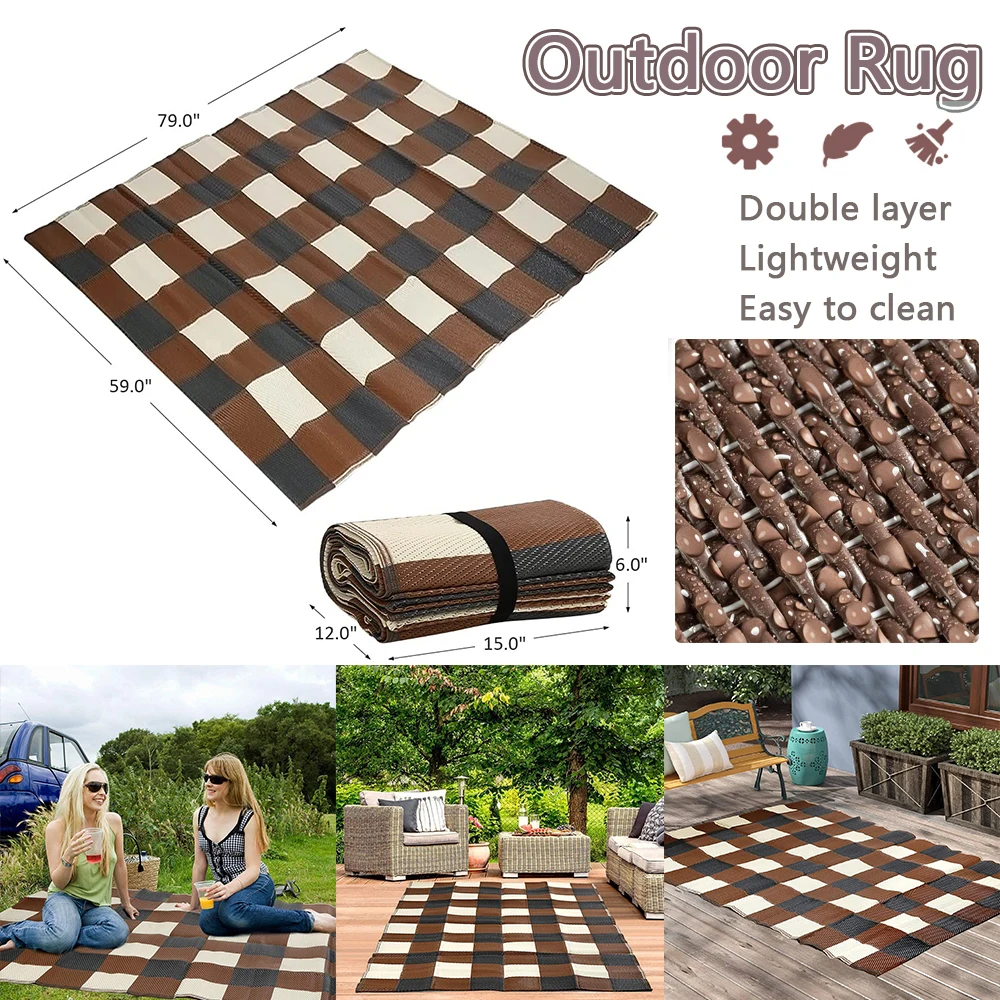 

1x Открытый коврик для патио кофейного цвета в клетку, двусторонний легко моющийся напольный коврик, тканый пляжный коврик, портативный ковр...