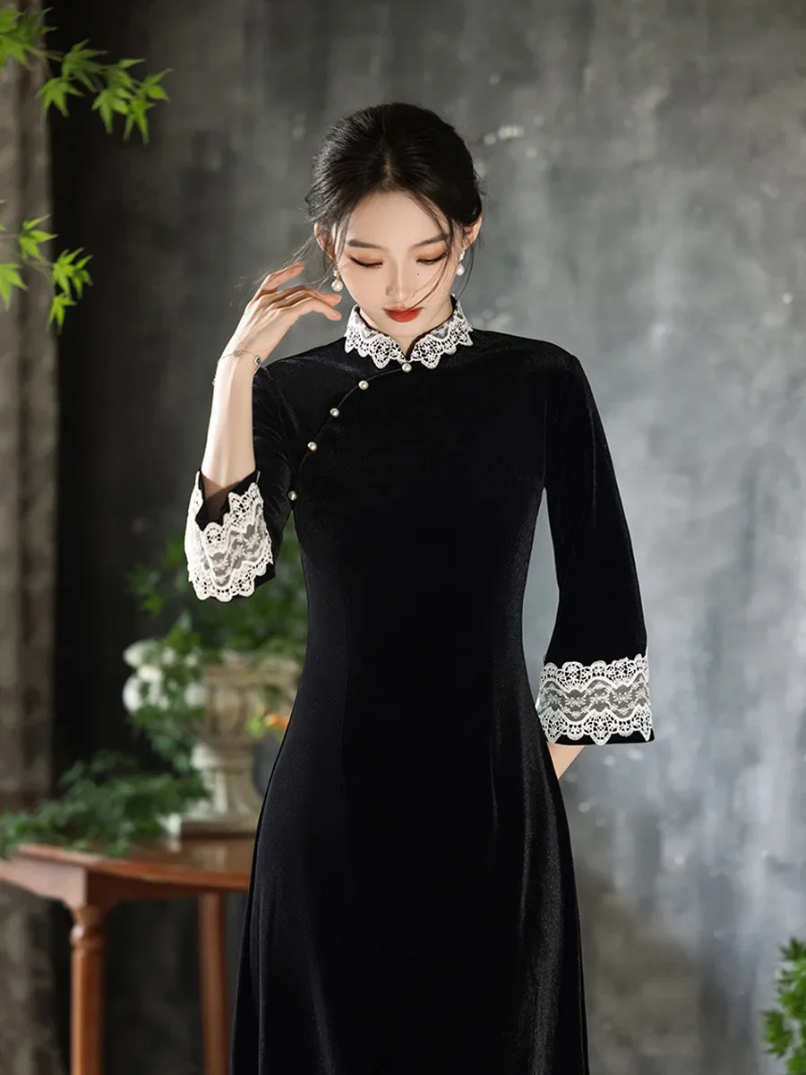Осенне-зимнее бархатное платье Cheongsam в китайском стиле повседневное свежее