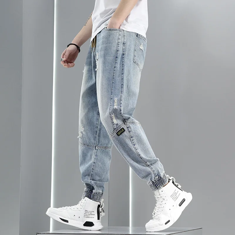 Tide Brand Loose-fitting Jeans Men's Spring And Autumn Thin Section Trend Hole Harem Version Casual All-match Nine-point Pants