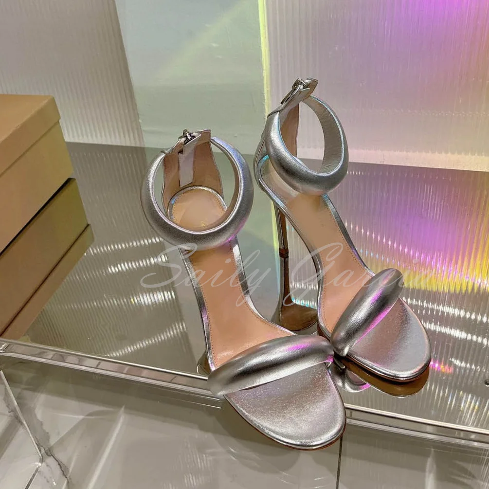 Sexy Banquet Leather Sandals Ladies Brand New One-Line Back Zipper Round Toe Stilettos Gold White Red Sandals Large Size 43